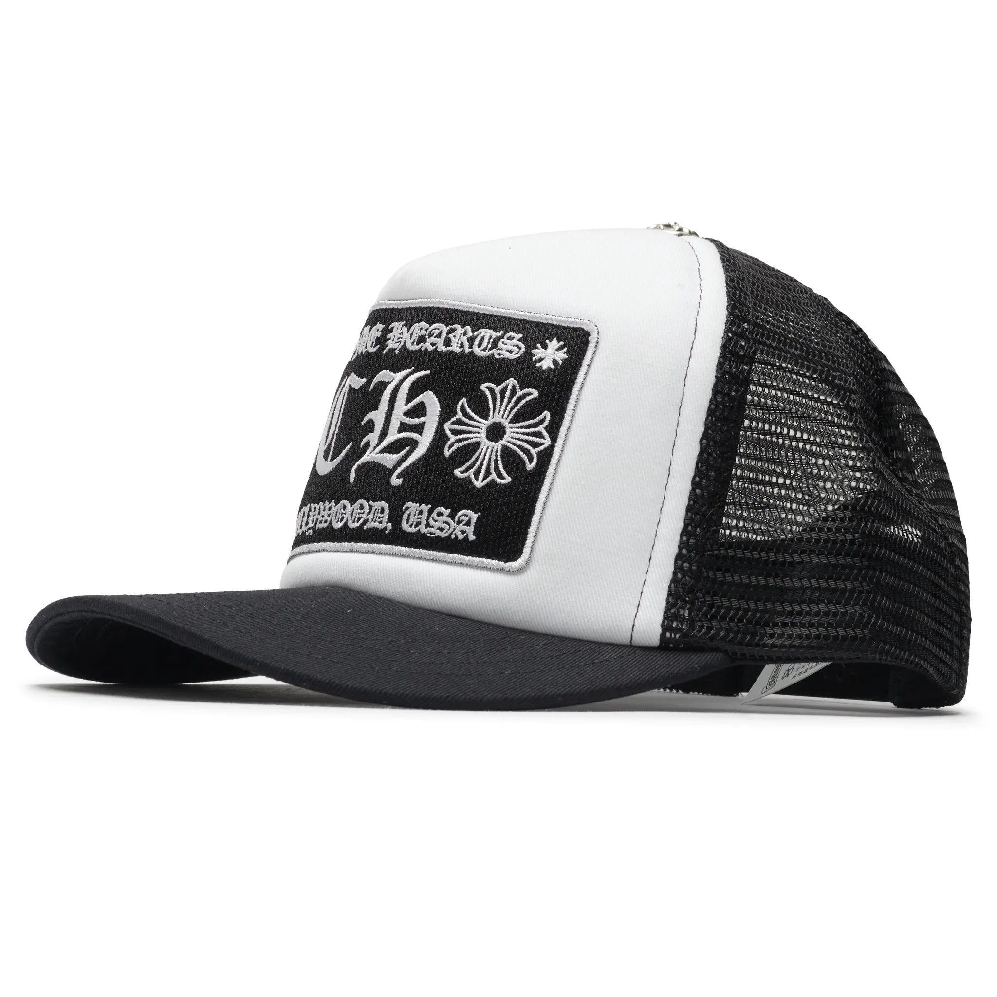 Front Side View of Chrome Hearts CH Hollywood White Black Trucker Cap 1383 100000701CHTH-BLWT